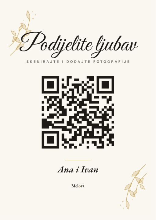 QR kartica za sto: gosti skeniraju kod telefonom i otvara im se galerija.