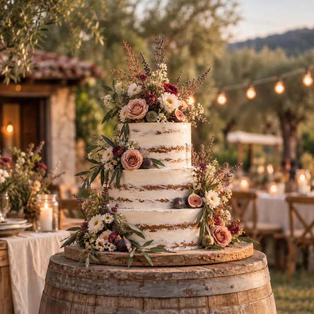 Svadbena torta sa cvećem u rustic ambijentu