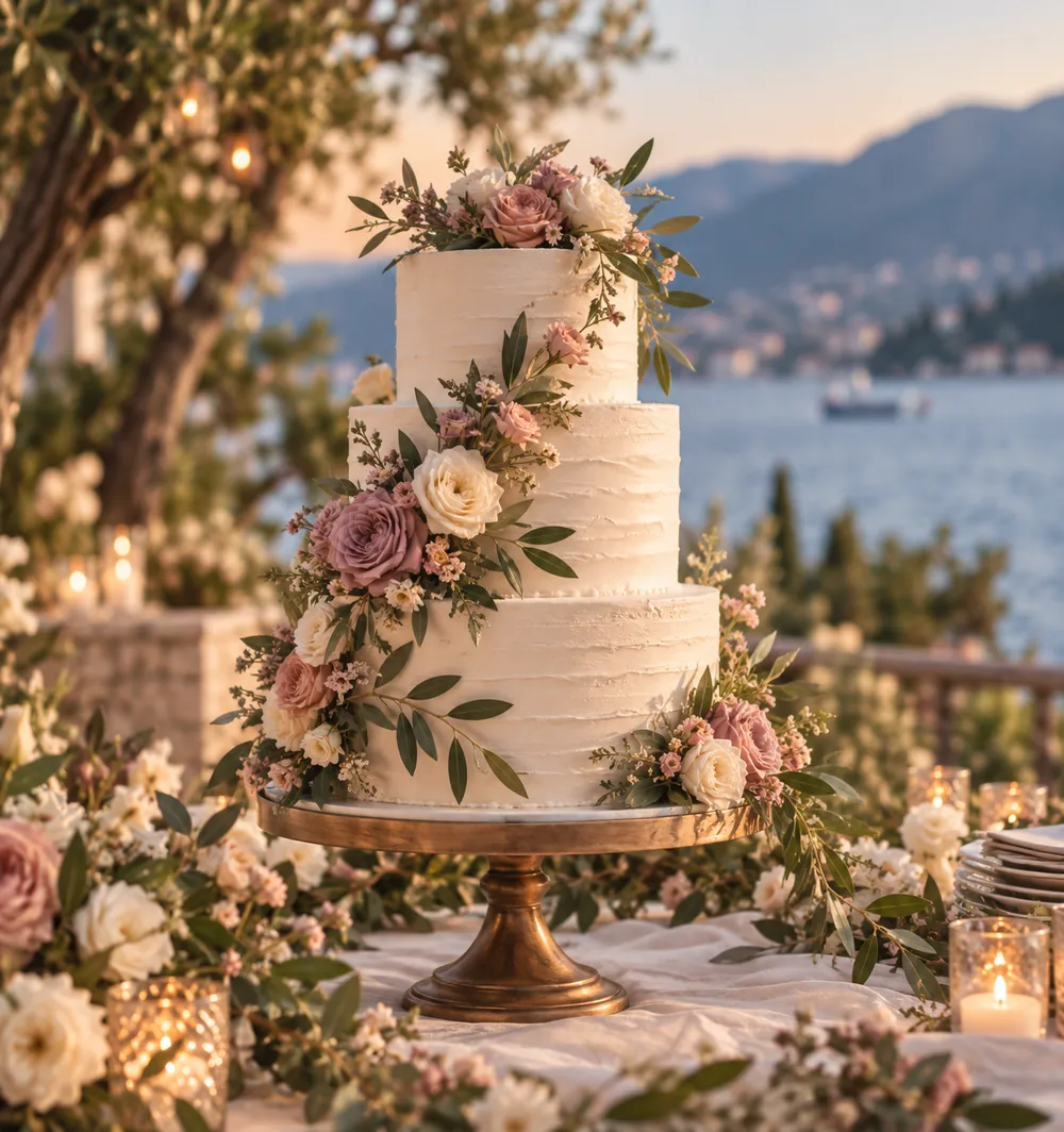 Svadbena torta sa cvećem pored vode